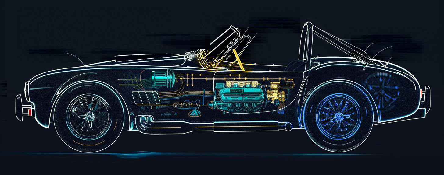 Cutaway drawing of a roadster — steering, drivetrain and engine lit as the three dimensions
